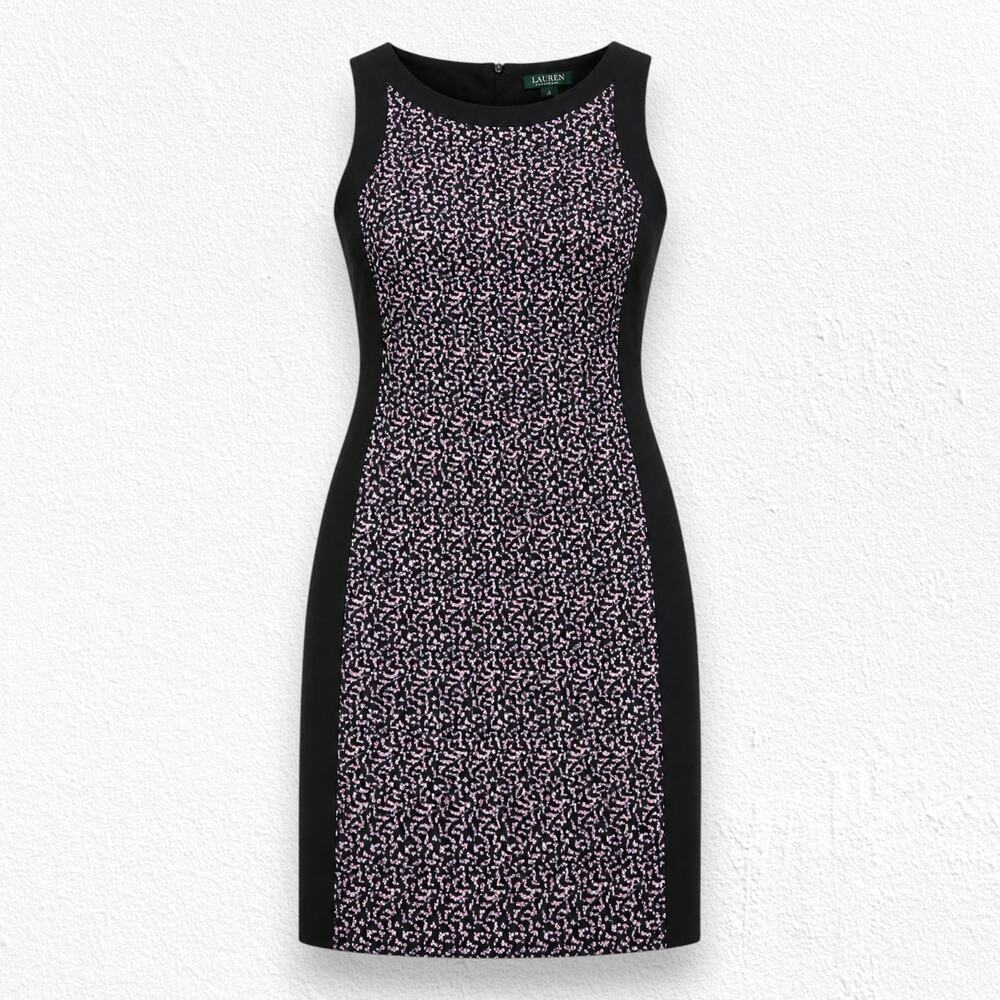 Lauren Ralph Lauren Black Pink Abstract Print Sheath Knee Length Dress Size 14